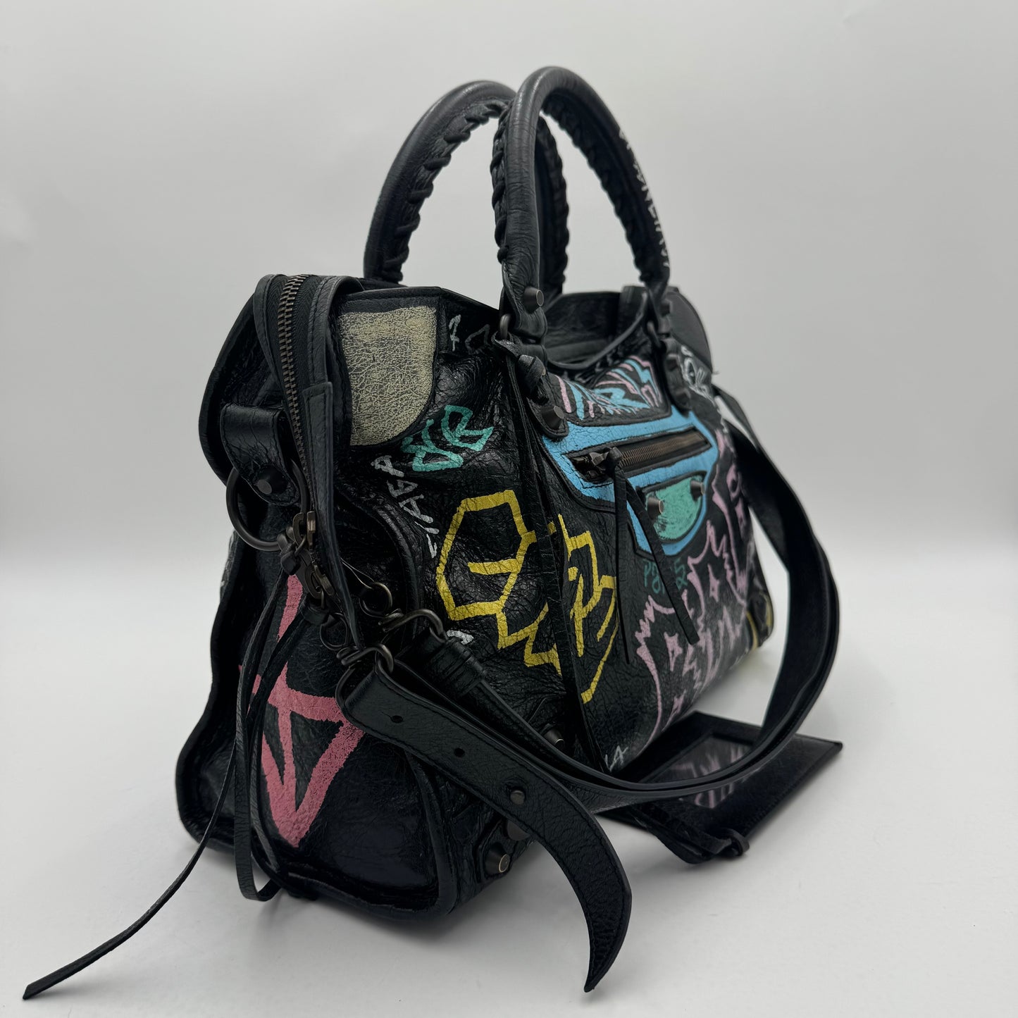 Balenciaga Black Leather Graffiti Classic City