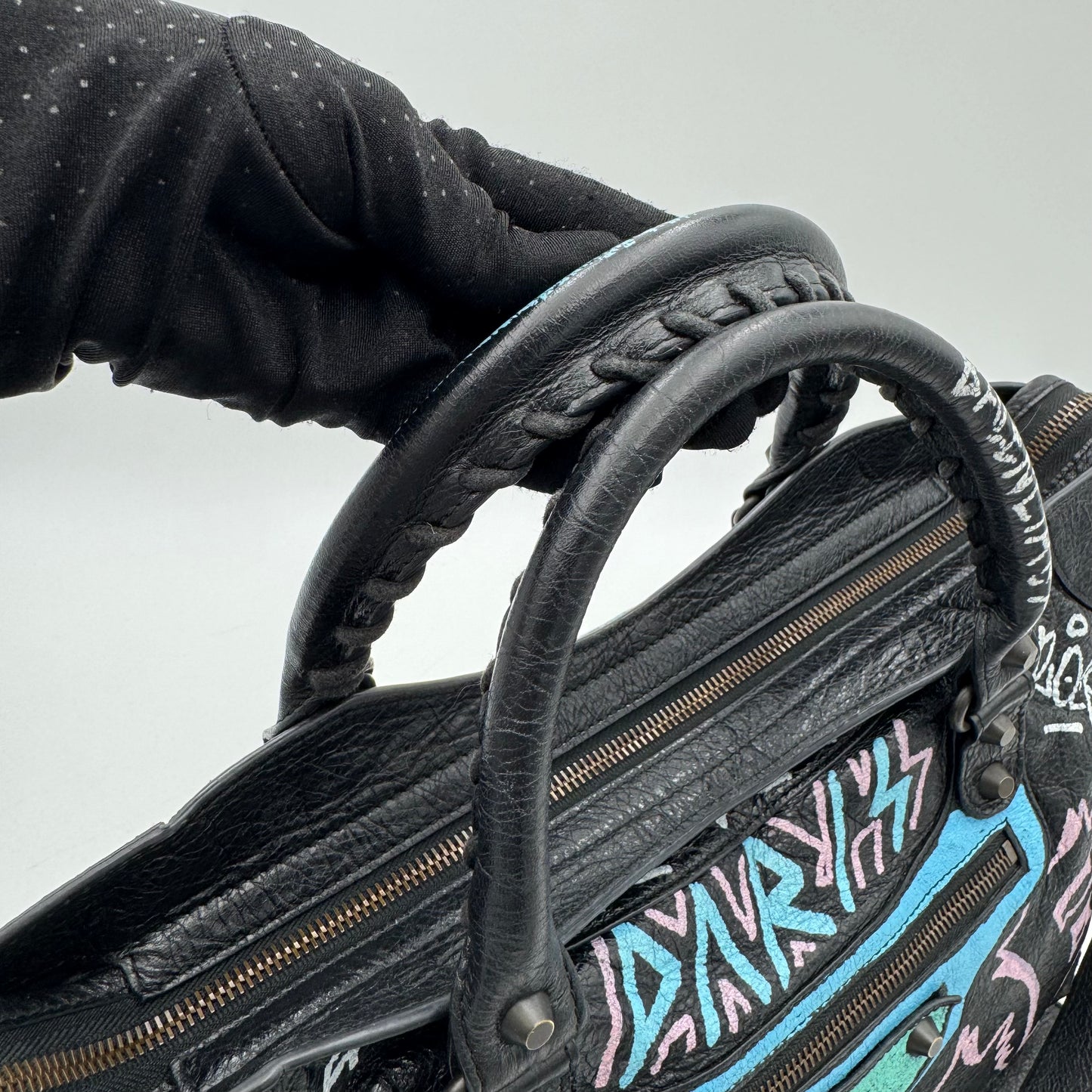 Balenciaga Black Leather Graffiti Classic City