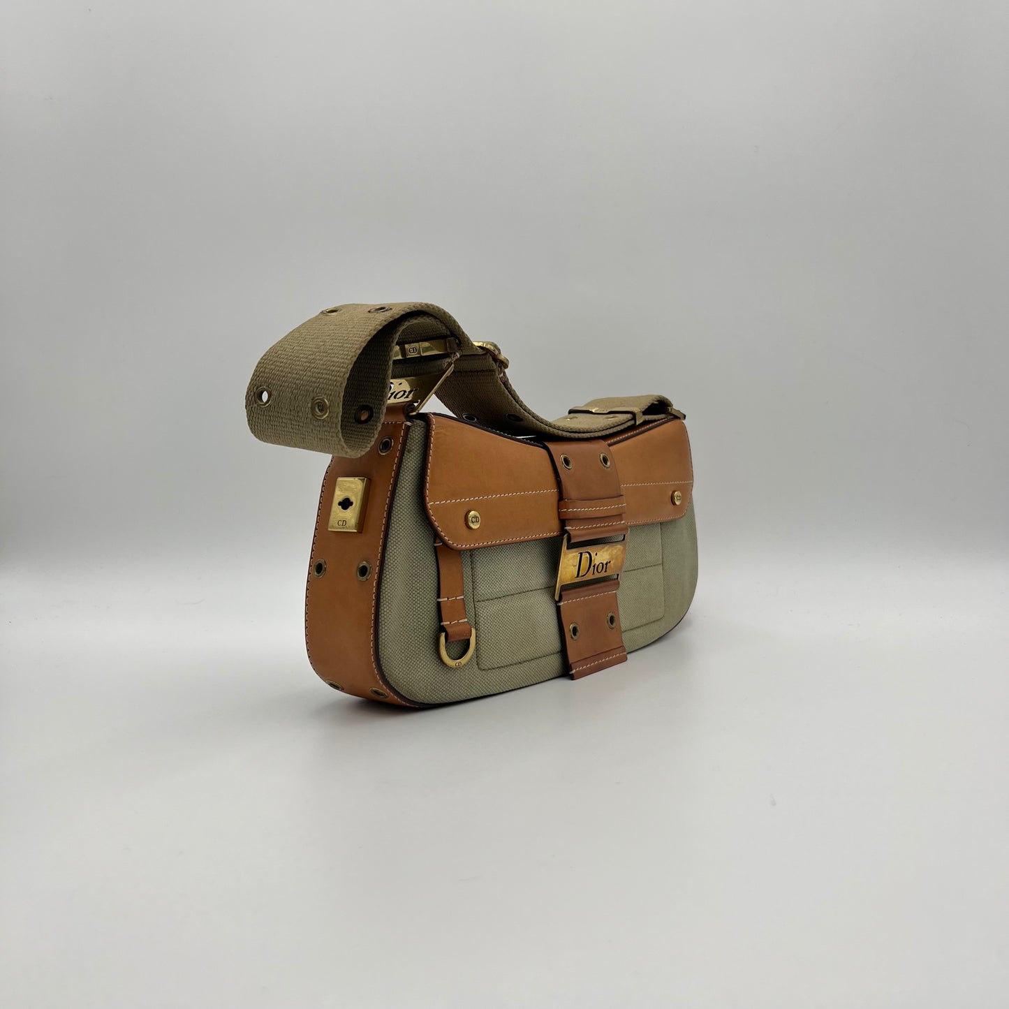 Christian Dior Khaki Green Canvas and Tan Leather Columbus