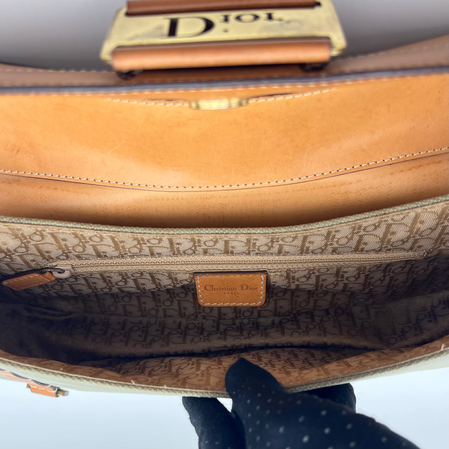 Christian Dior Khaki Green Canvas and Tan Leather Columbus