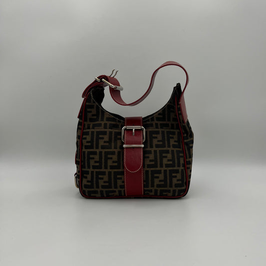 Fendi Tobacco Zucca Burgundy Leather Buckle Hobo Shoulder Bag