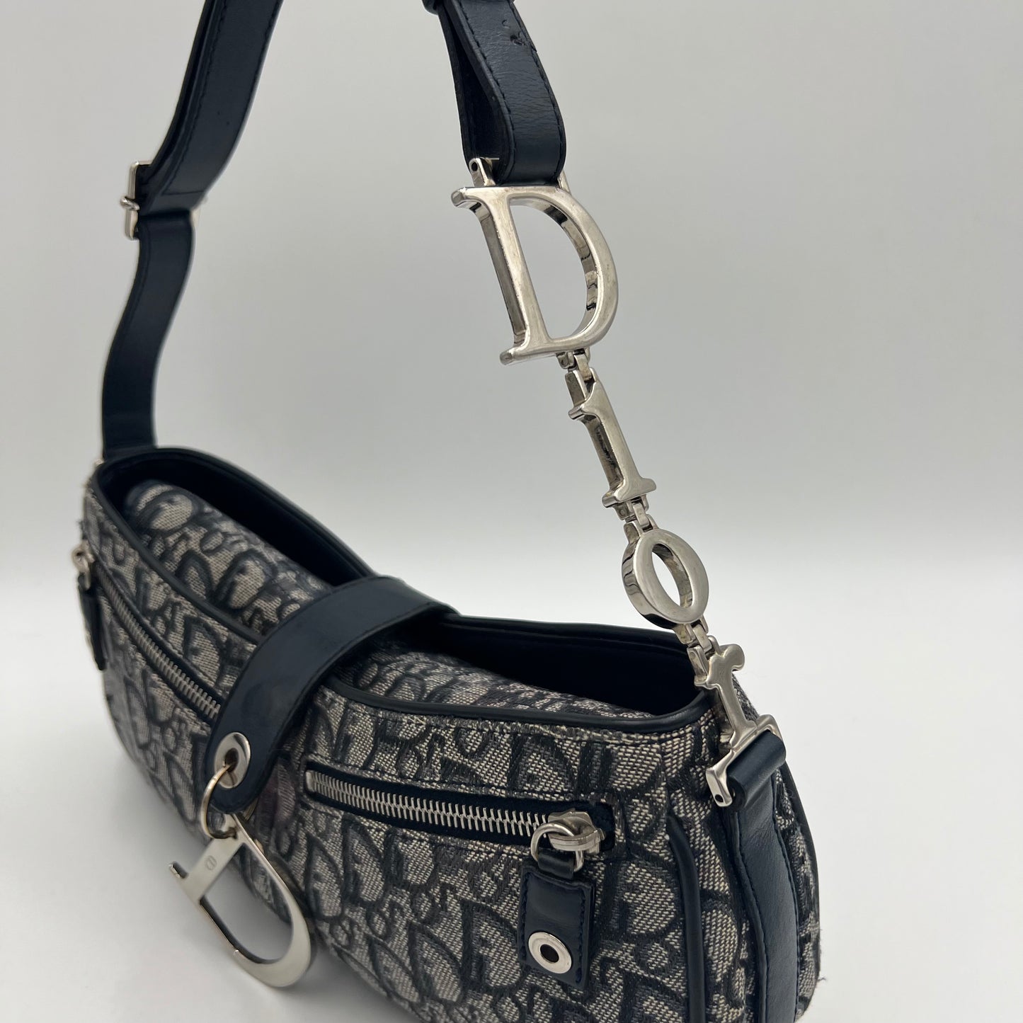 Christian Dior Navy Blue Oblique Canvas D Charm Spellout Shoulder Bag