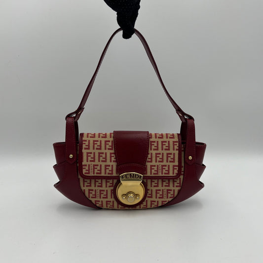 Fendi Red Zucchino Canvas and Leather Pelle Borse Baguette