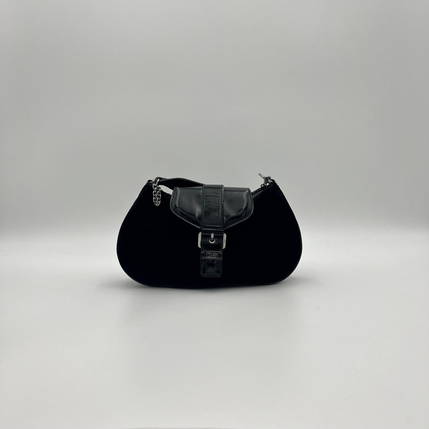 Christian Dior Black Velvet and Patent Leather Flap Buckle Chain Pochette