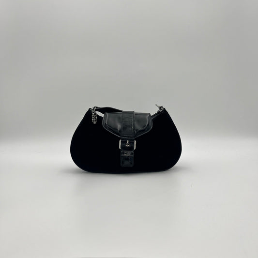 Christian Dior Black Velvet and Patent Leather Flap Buckle Chain Pochette