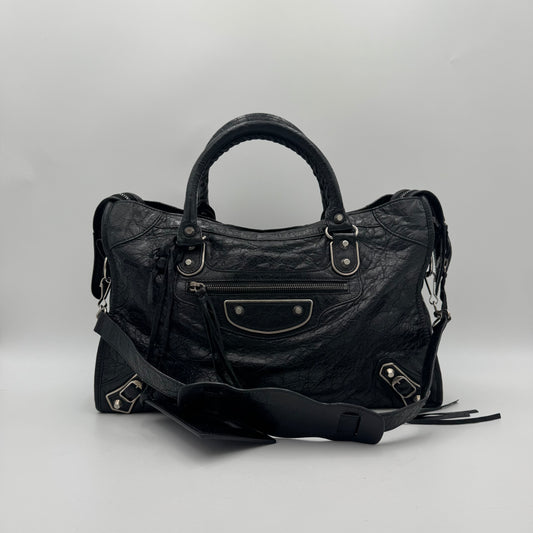 Balenciaga Black Arena Lambskin Metallic Edge City SHW