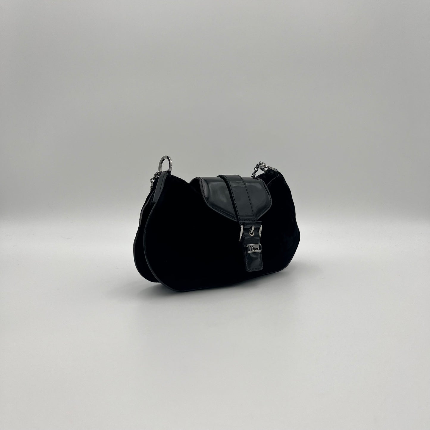 Christian Dior Black Velvet and Patent Leather Flap Buckle Chain Pochette