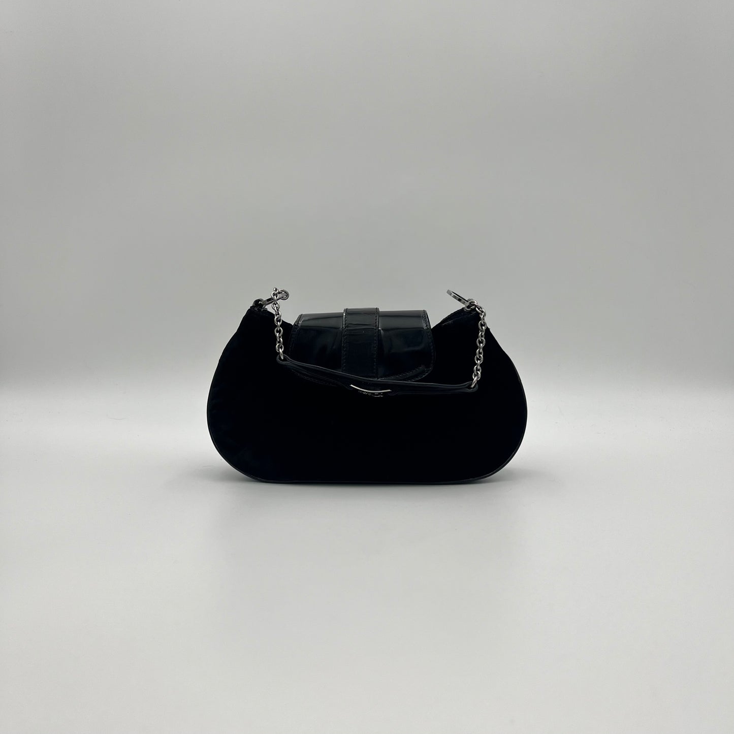Christian Dior Black Velvet and Patent Leather Flap Buckle Chain Pochette