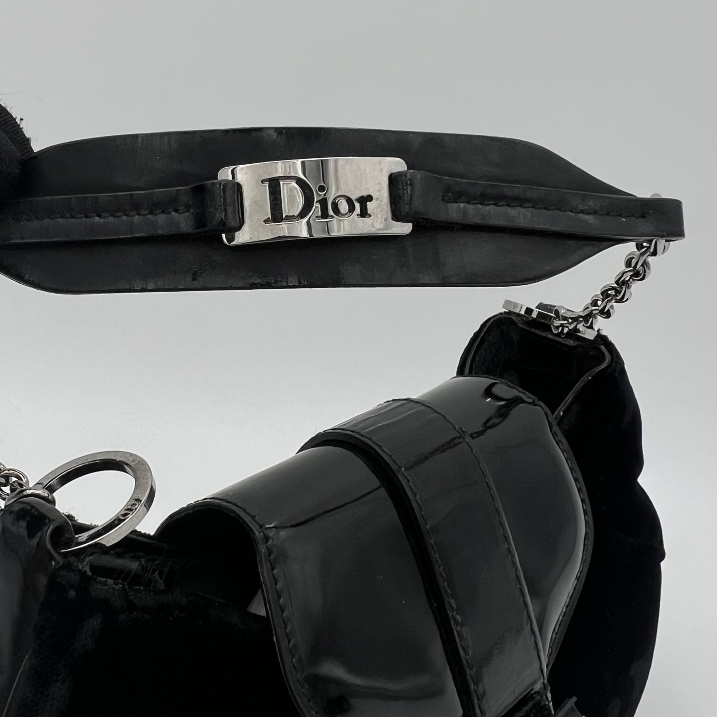 Christian Dior Black Velvet and Patent Leather Flap Buckle Chain Pochette