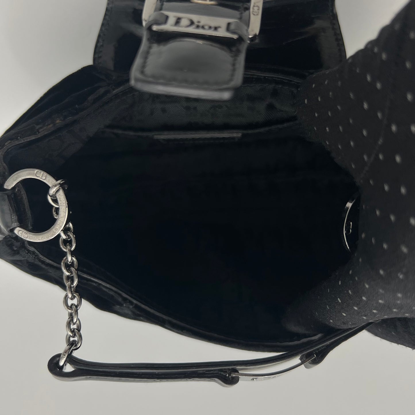 Christian Dior Black Velvet and Patent Leather Flap Buckle Chain Pochette