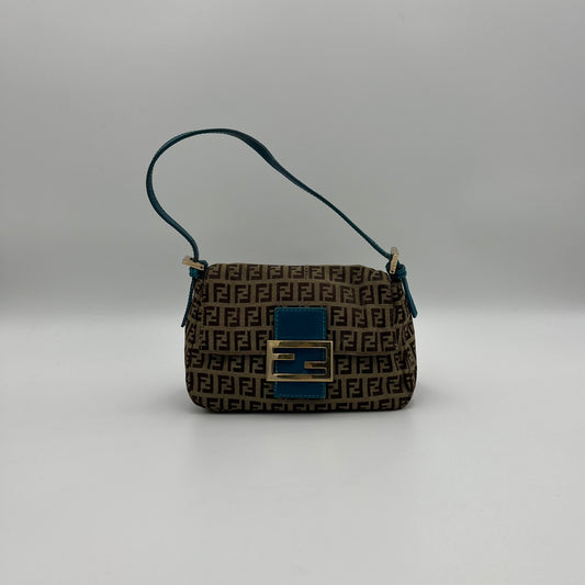 Fendi Brown Zucchino Blue Leather Mini Baguette