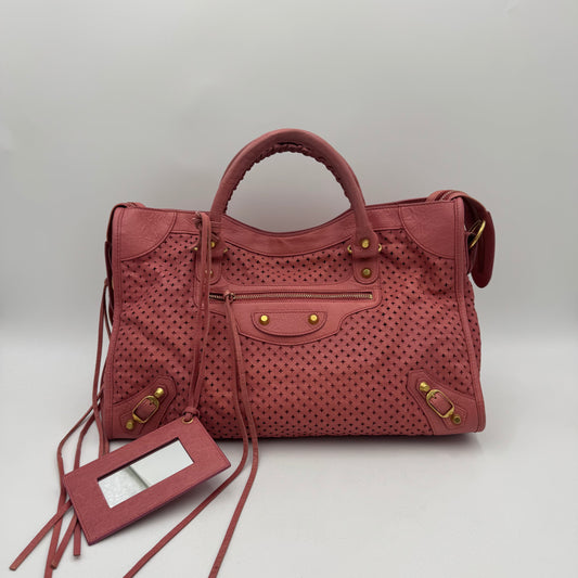 Balenciaga Pink Cross Perforated Leather Classic City GHW