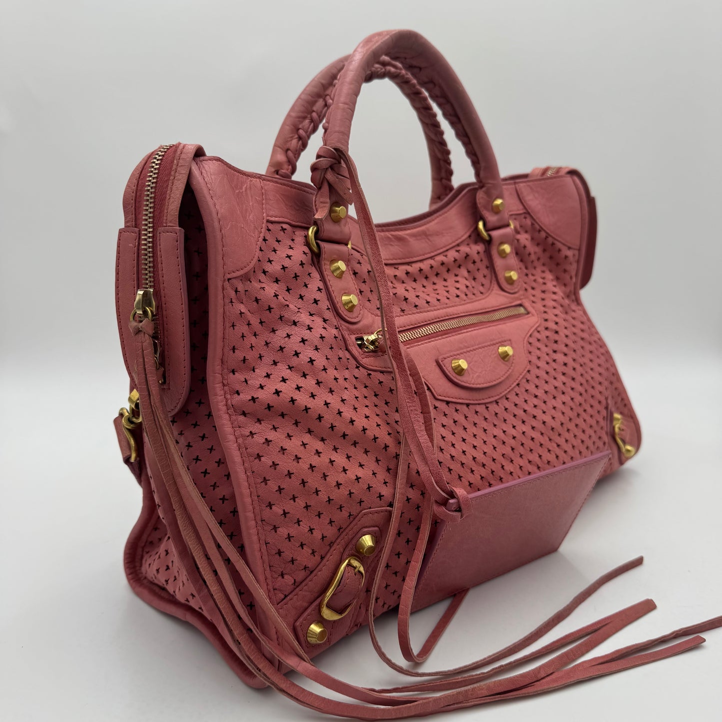Balenciaga Pink Cross Perforated Leather Classic City GHW