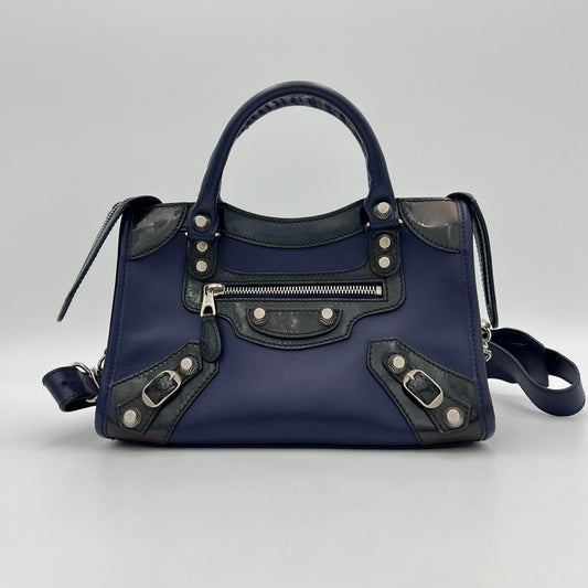 Balenciaga Dark Blue and Black Matte and Patent Leather Mini City Bag