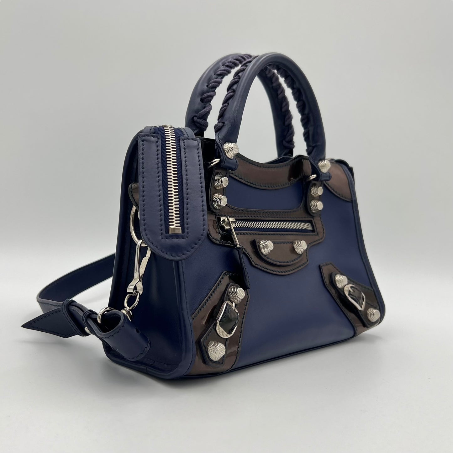 Balenciaga Dark Blue and Black Matte and Patent Leather Mini City Bag