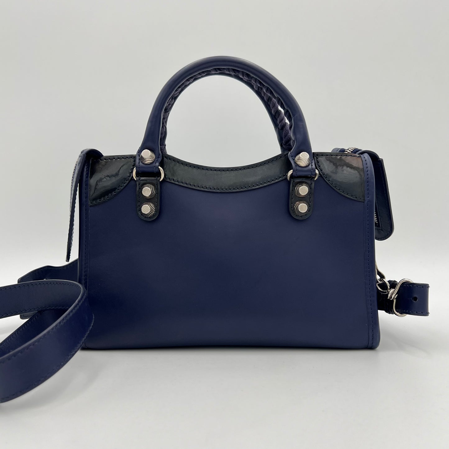 Balenciaga Dark Blue and Black Matte and Patent Leather Mini City Bag