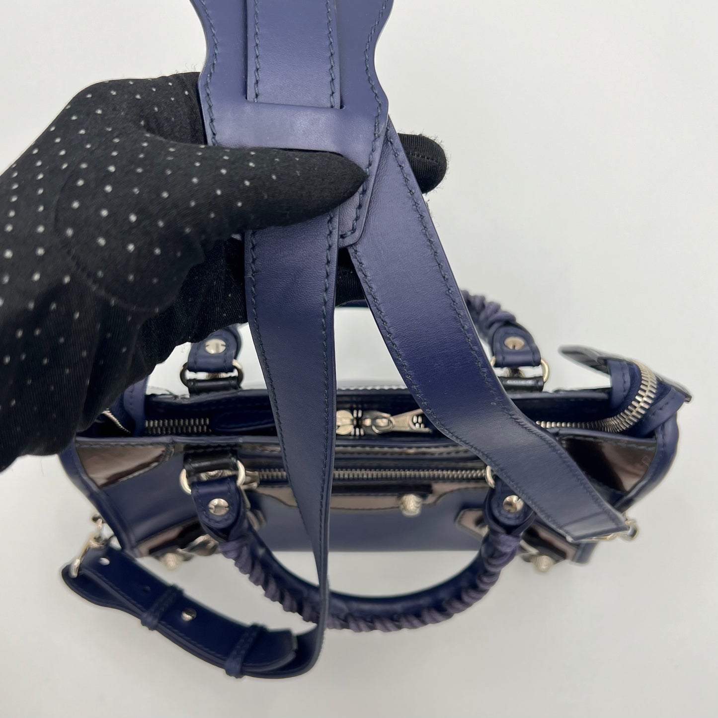 Balenciaga Dark Blue and Black Matte and Patent Leather Mini City Bag