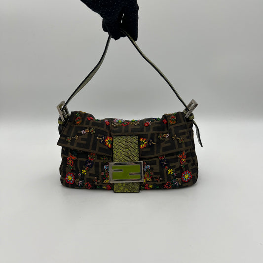 Fendi Tobacco Zucca Lizard Trimmed Multicolor Floral Beaded Baguette