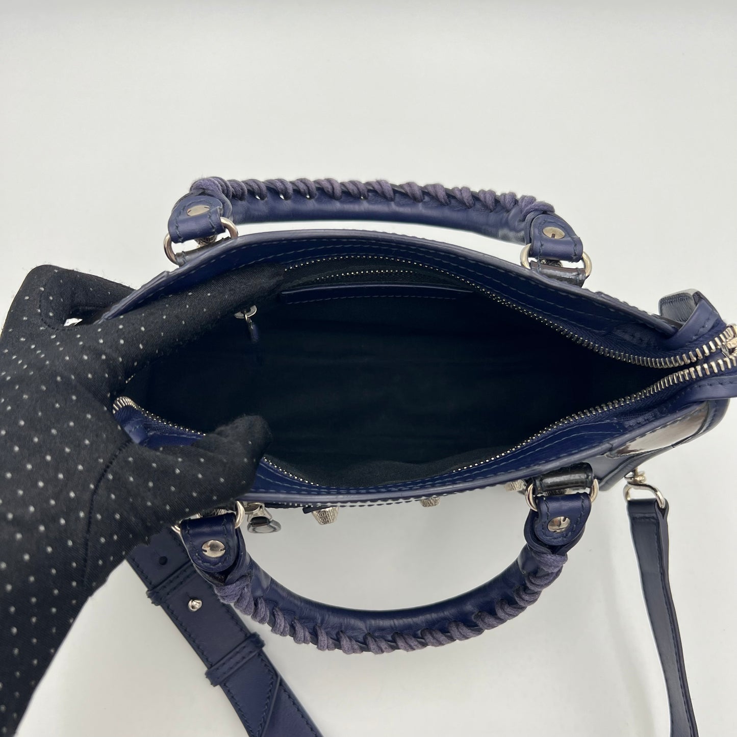 Balenciaga Dark Blue and Black Matte and Patent Leather Mini City Bag