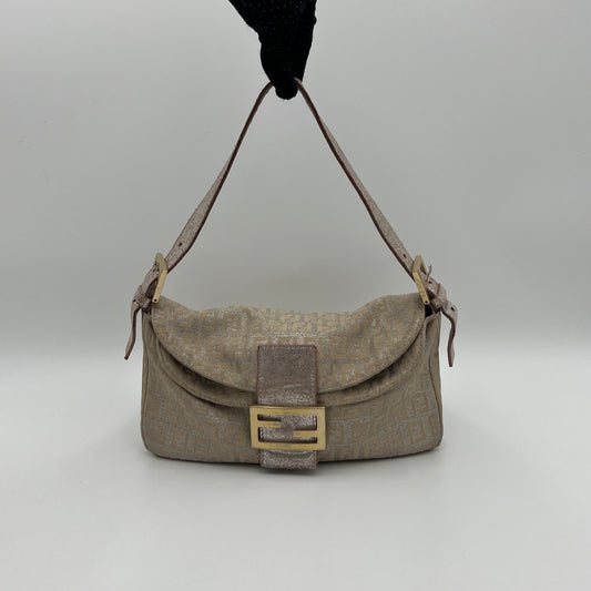 Fendi Rose Gold Metallic Zucchino Double Flap Baguette