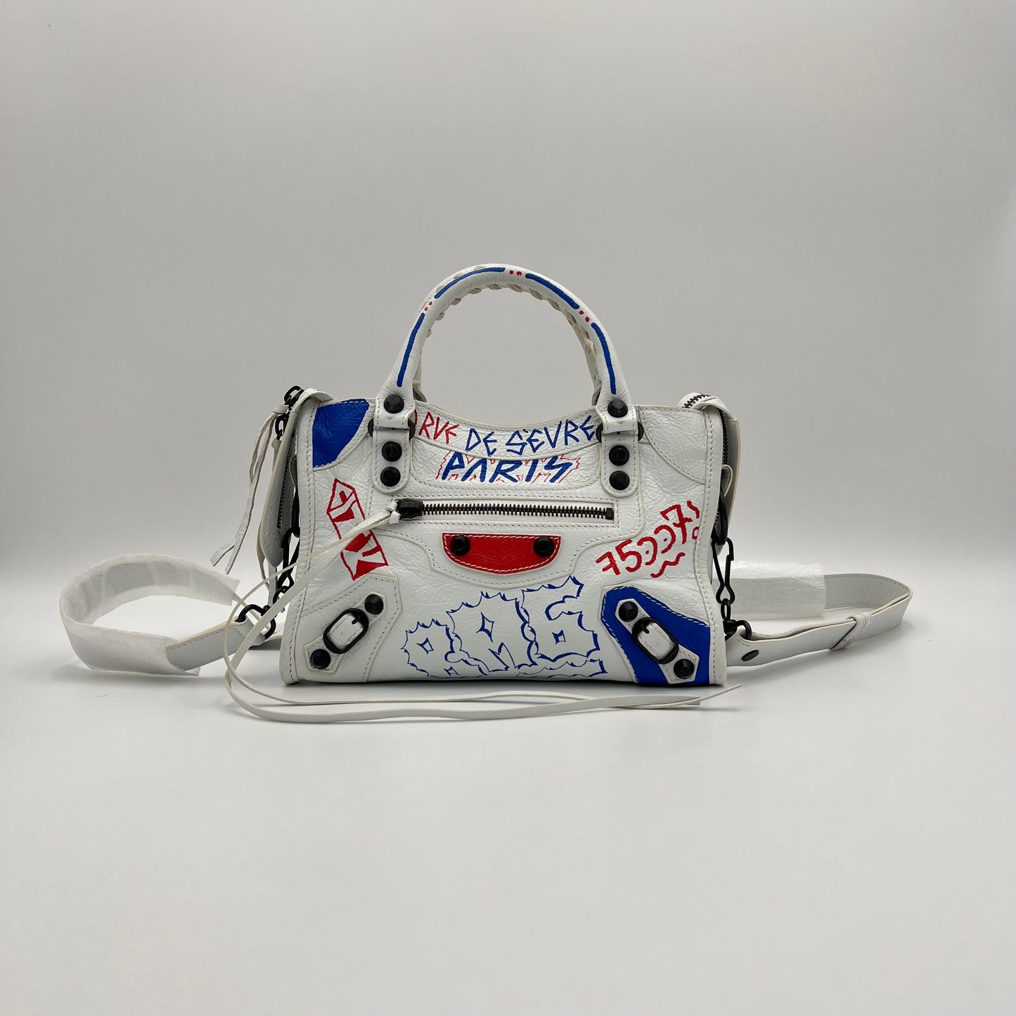 Balenciaga White Graffiti Leather Mini City