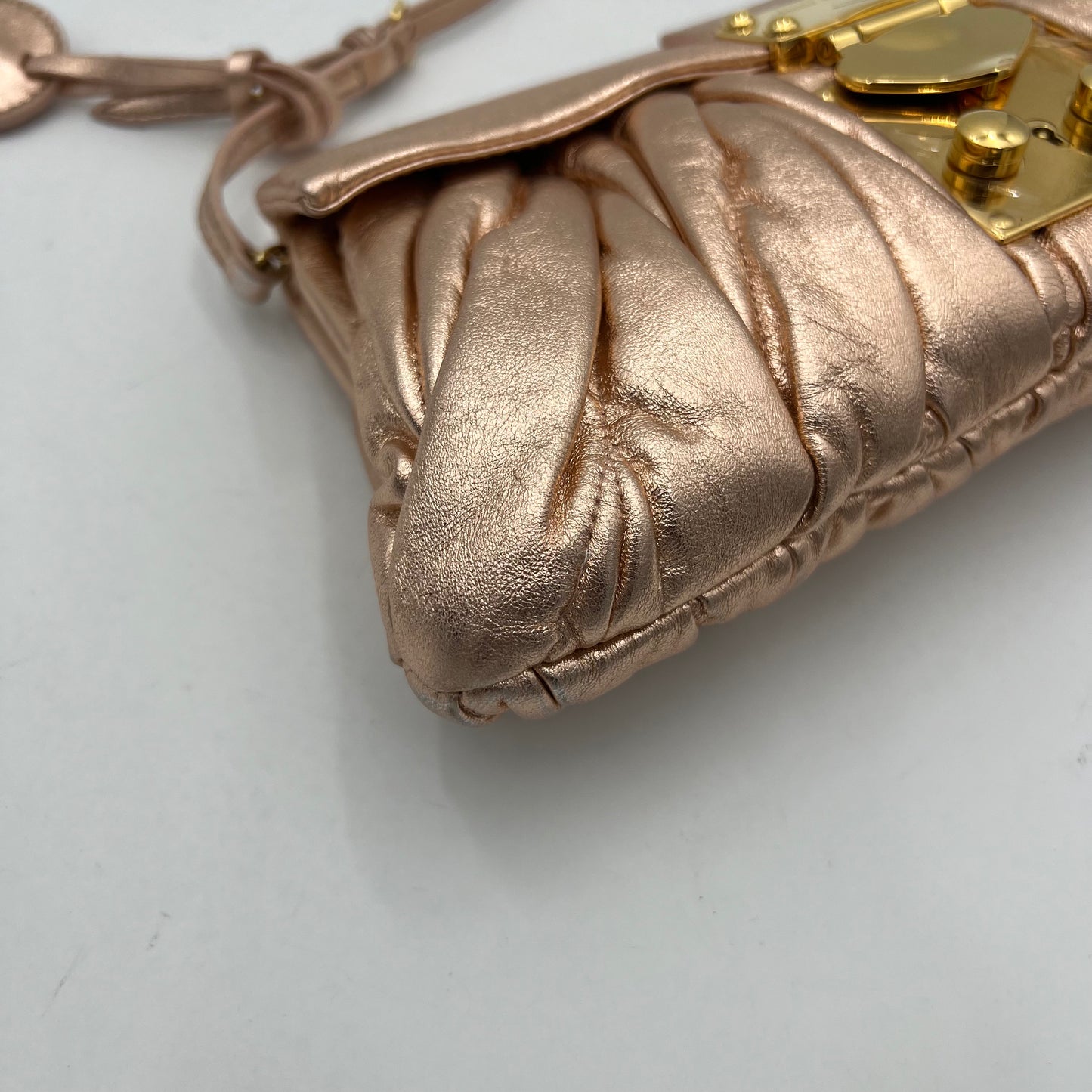 Miu Miu Metallic Pink Quilted Matelasse Leather Buckle Flap Shoulder Bag GHW