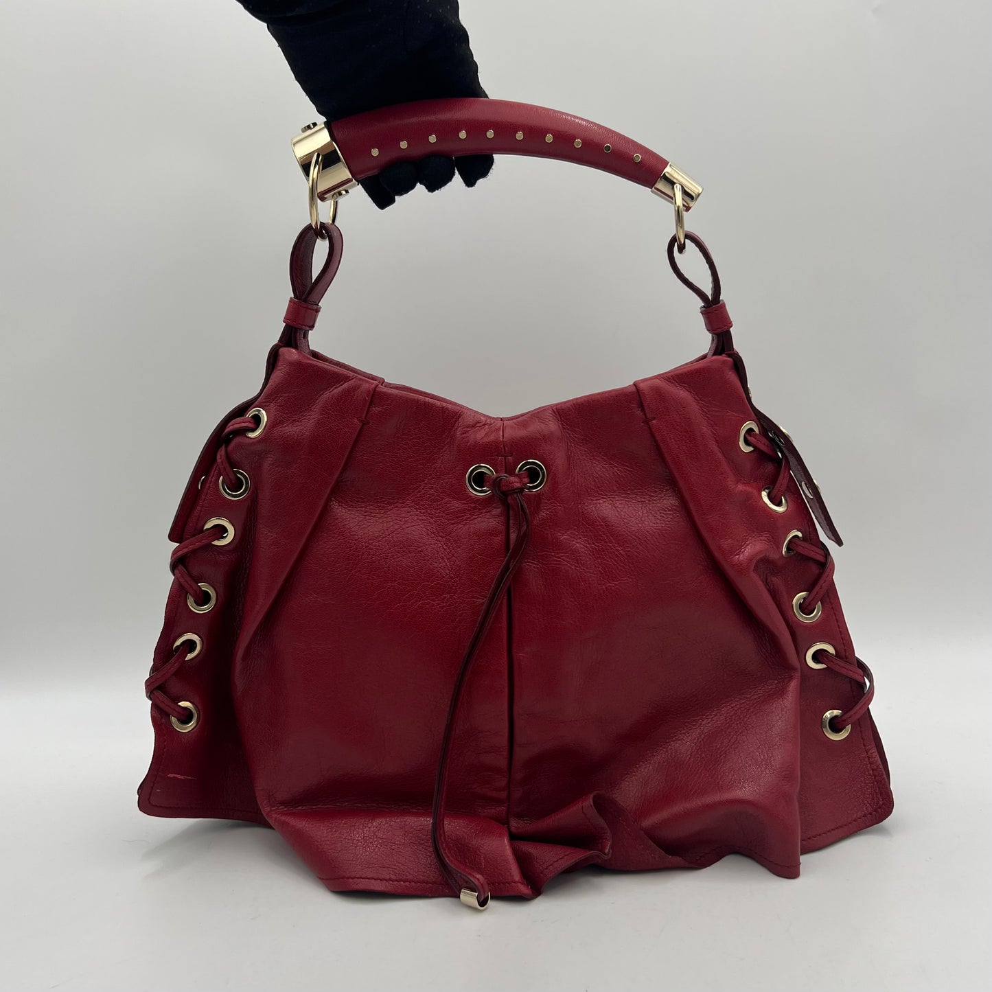 YSL Red Laced Leather Shangrila Mombasa Hobo Bag GHW