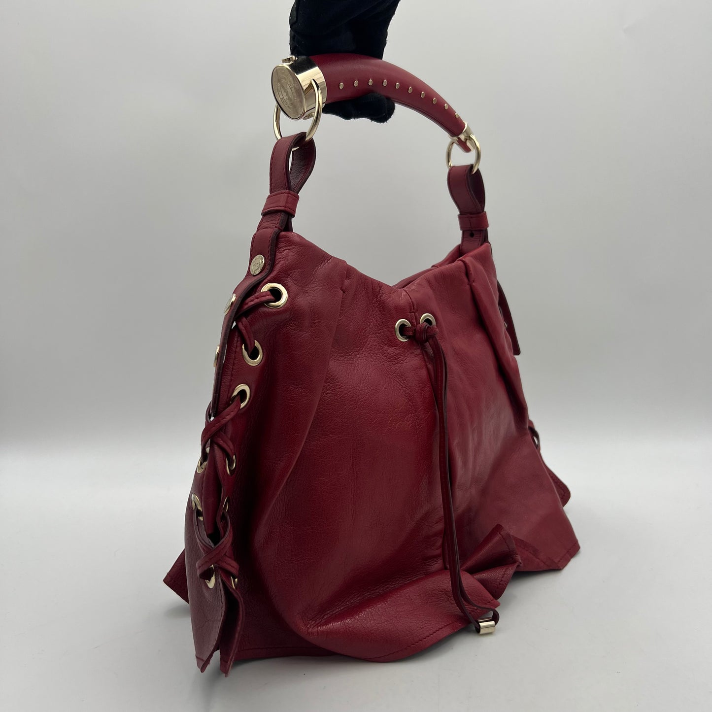 YSL Red Laced Leather Shangrila Mombasa Hobo Bag GHW