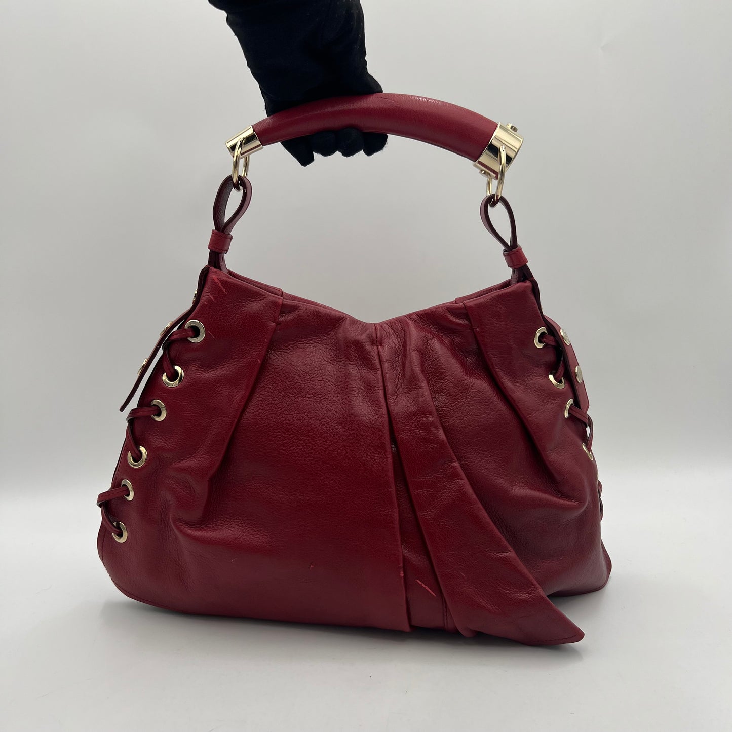 YSL Red Laced Leather Shangrila Mombasa Hobo Bag GHW