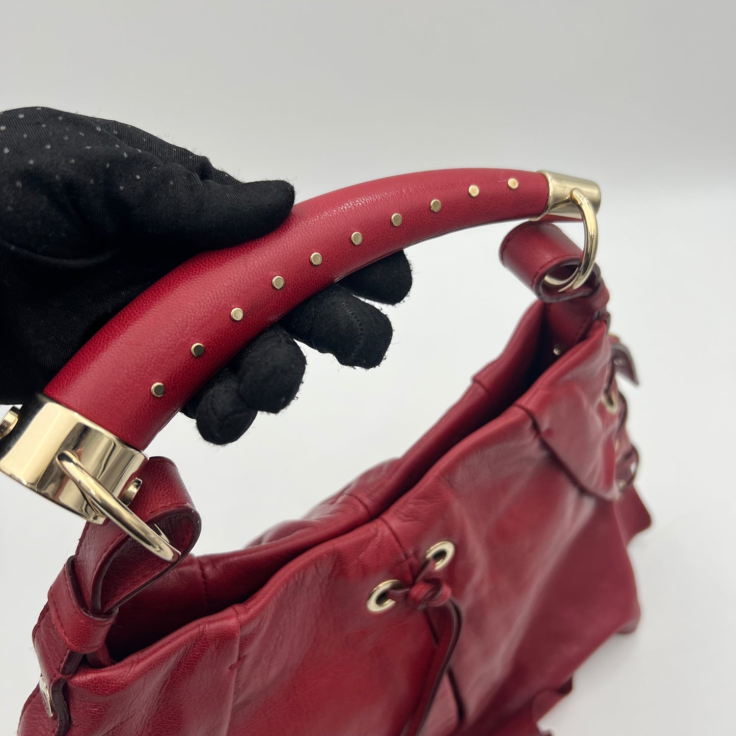 YSL Red Laced Leather Shangrila Mombasa Hobo Bag GHW