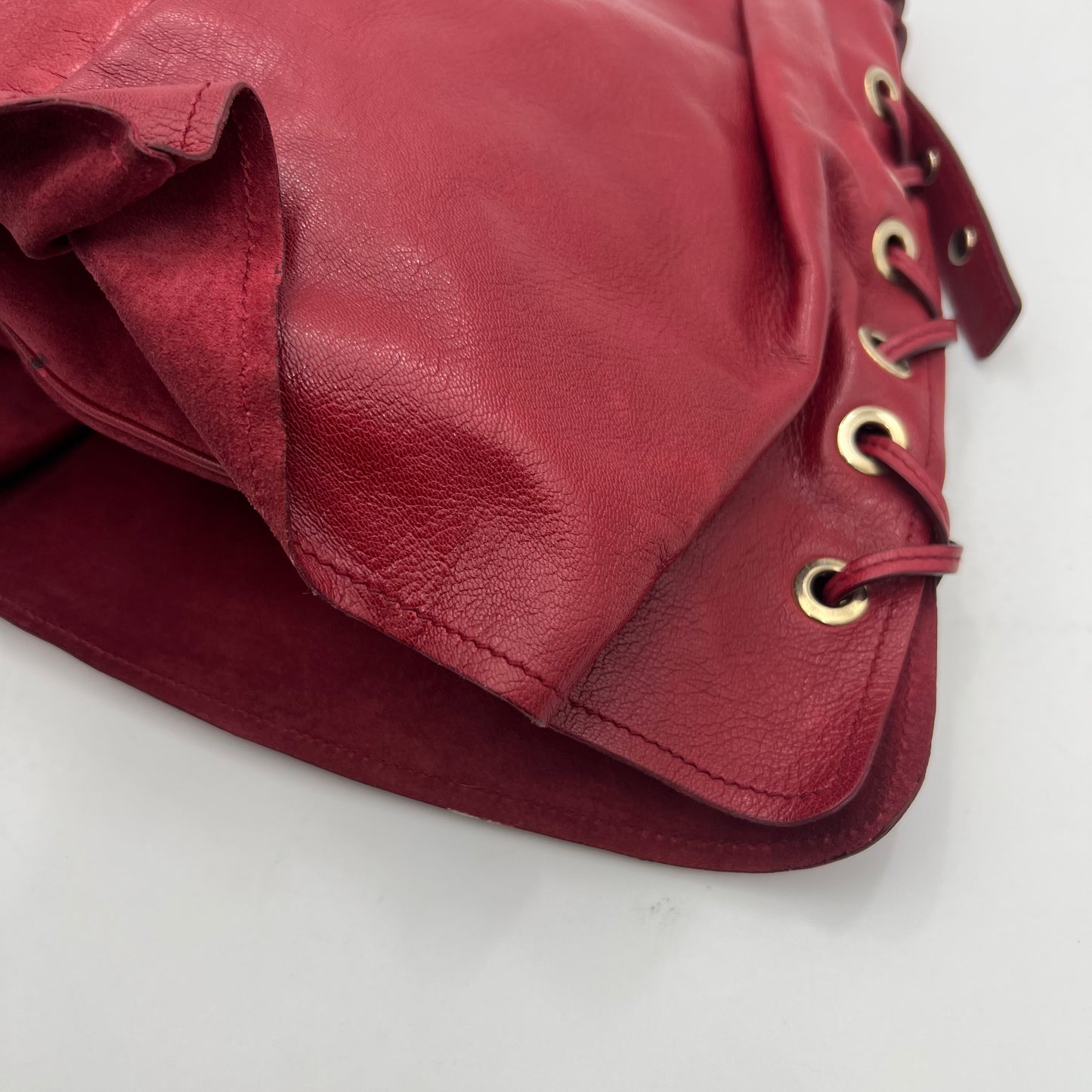 YSL Red Laced Leather Shangrila Mombasa Hobo Bag GHW