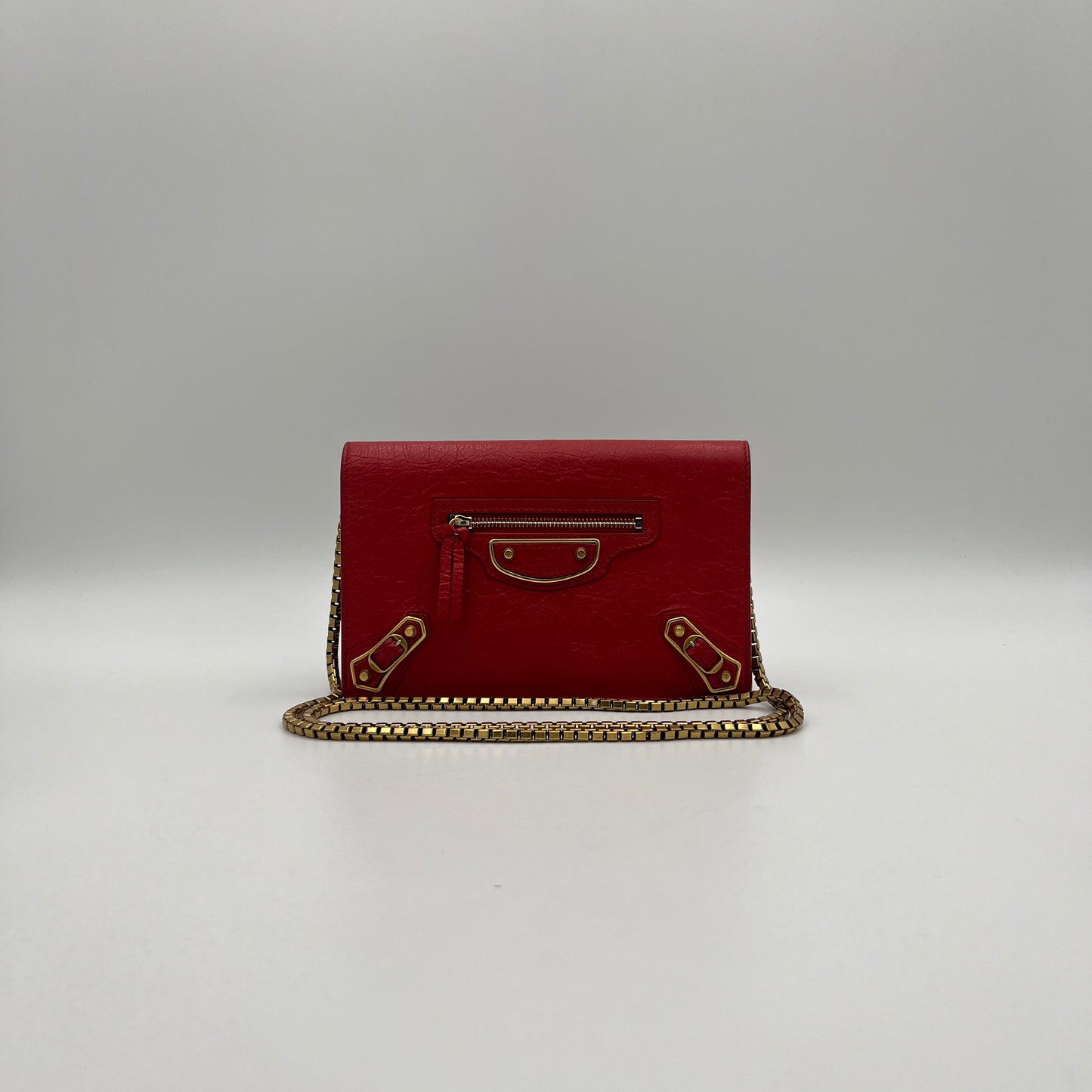 Balenciaga Red Leather Metallic Edge Wallet on Chain GHW