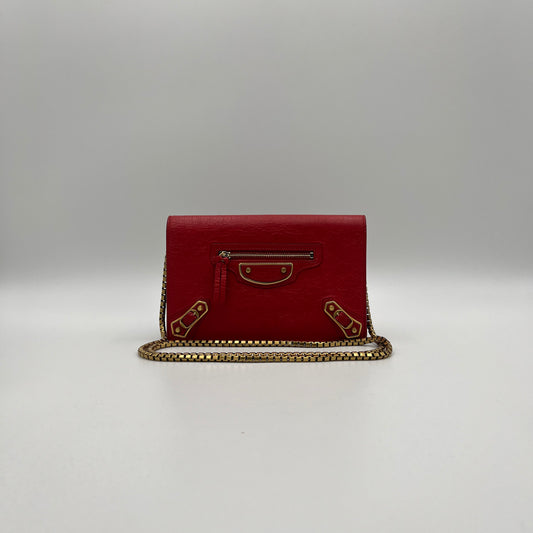 Balenciaga Red Leather Metallic Edge Wallet on Chain GHW