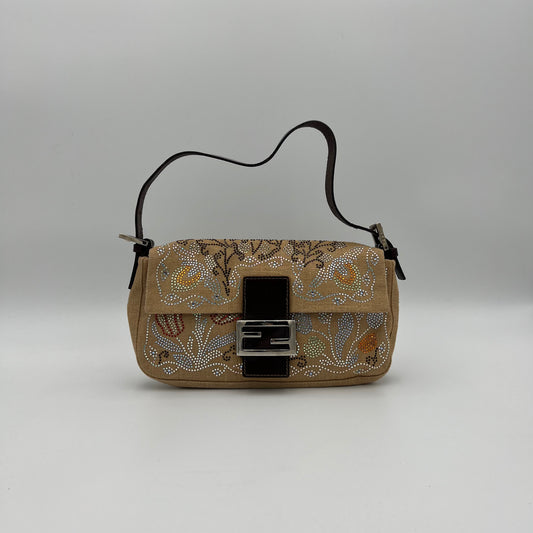 Fendi Linen Crystal Floral Beaded Baguette