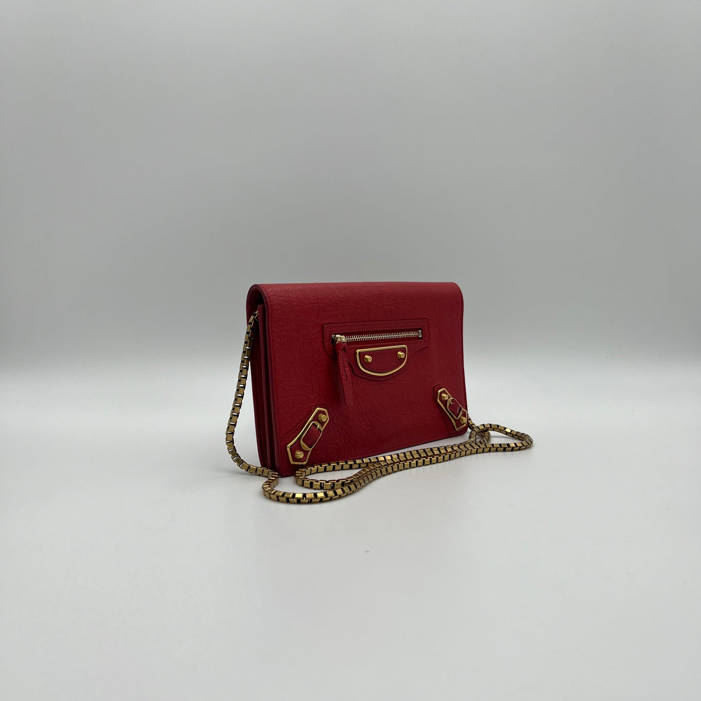 Balenciaga Red Leather Metallic Edge Wallet on Chain GHW