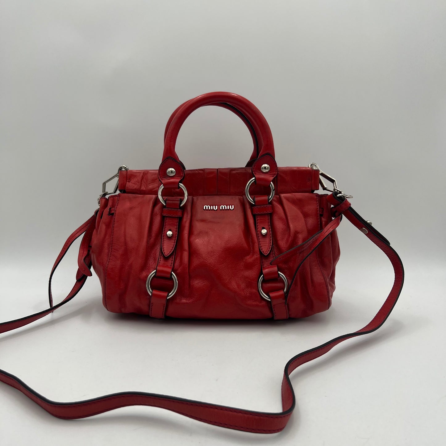 Miu Miu Red Vitello Lux Small Handbag with Long Strap