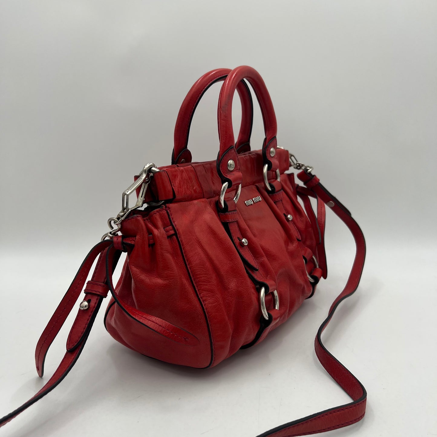 Miu Miu Red Vitello Lux Small Handbag with Long Strap
