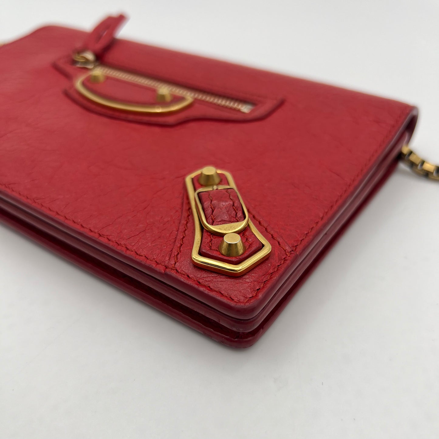 Balenciaga Red Leather Metallic Edge Wallet on Chain GHW