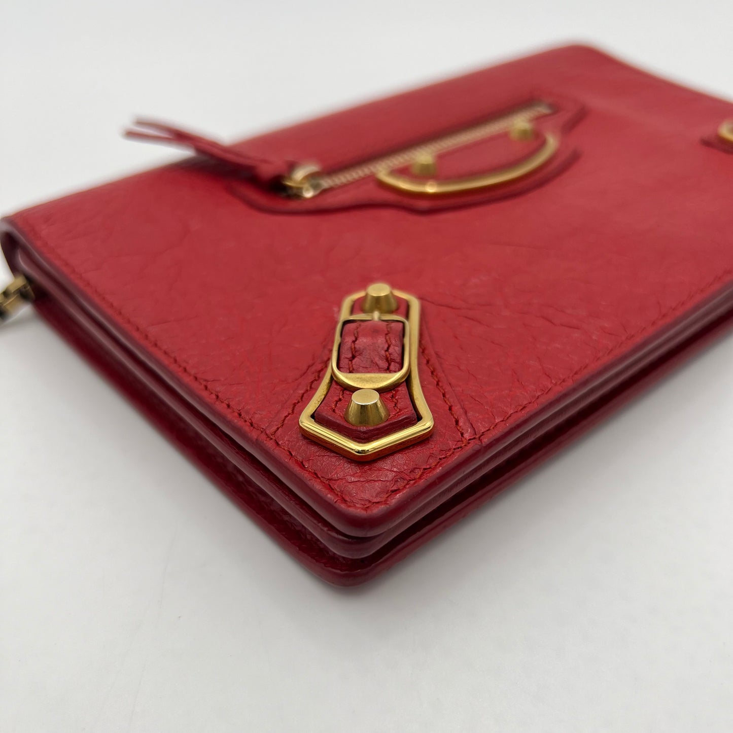 Balenciaga Red Leather Metallic Edge Wallet on Chain GHW