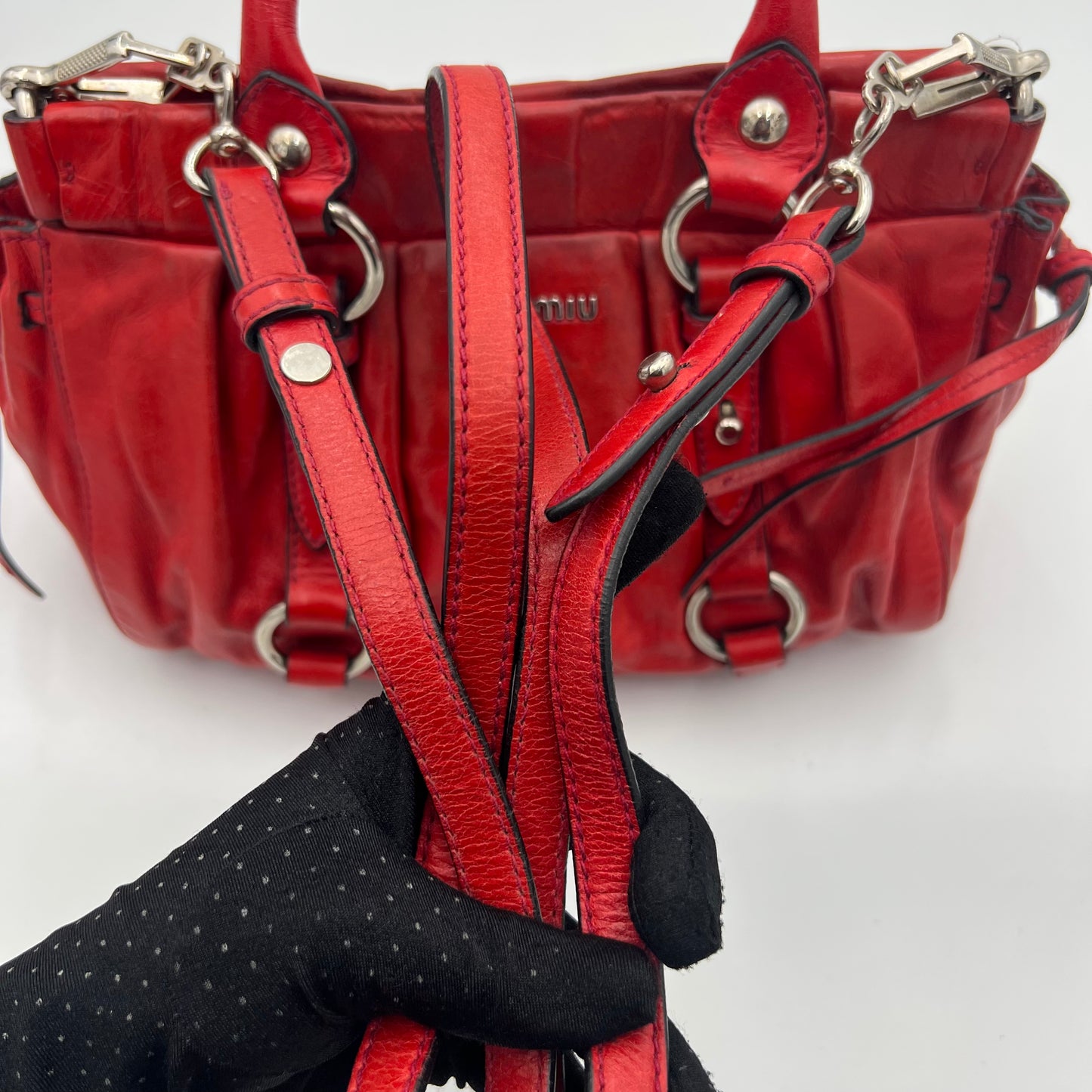 Miu Miu Red Vitello Lux Small Handbag with Long Strap