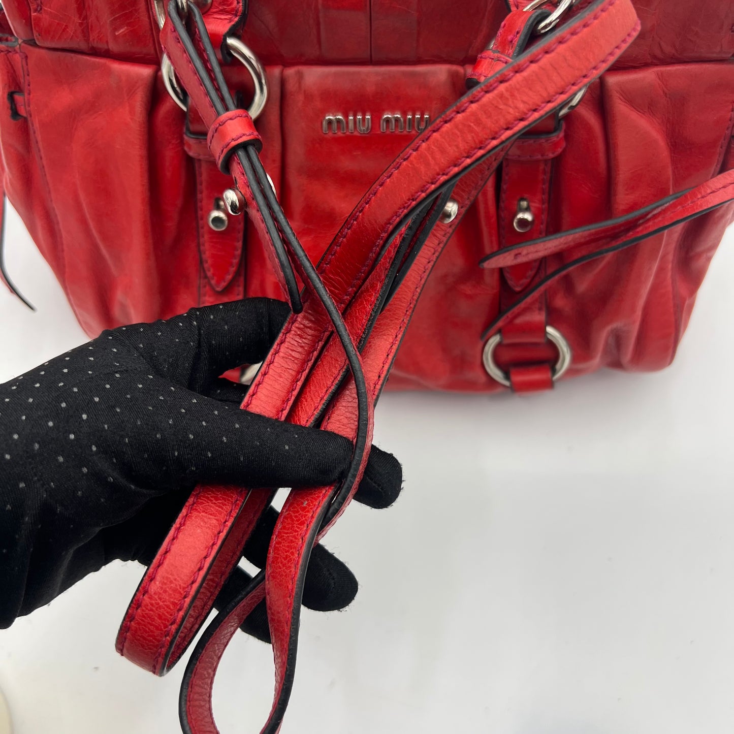 Miu Miu Red Vitello Lux Small Handbag with Long Strap