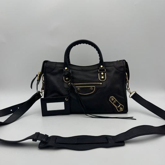 Balenciaga Black Leather Metallic Edge Small City Bag