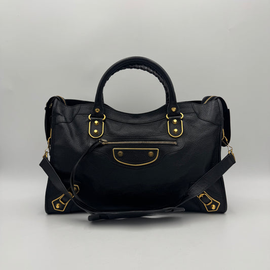 Balenciaga Black Chevre Leather Metallic Edge City GHW