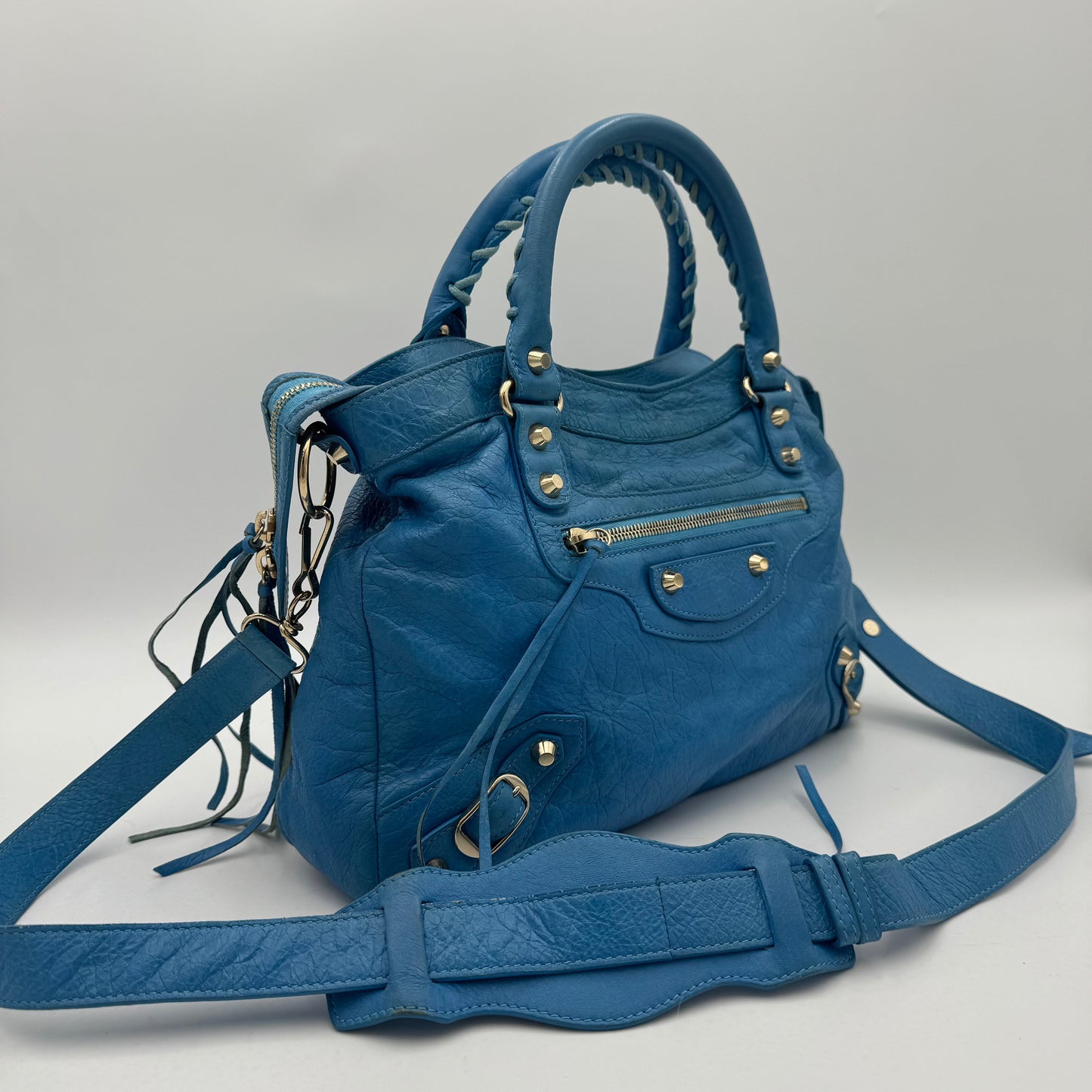 Balenciaga Sky Blue Leather Metallic Hardware Town SHW