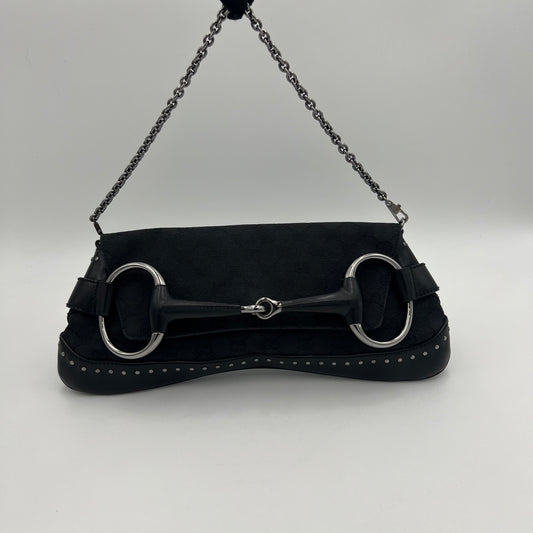 Gucci Tom Ford Black Monogram Canvas Horsebit Chain Shoulder Bag