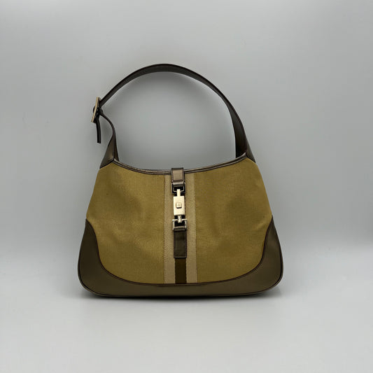 Gucci Web Gold Canvas Olive Green Patent Leather Jackie O Hobo Bag