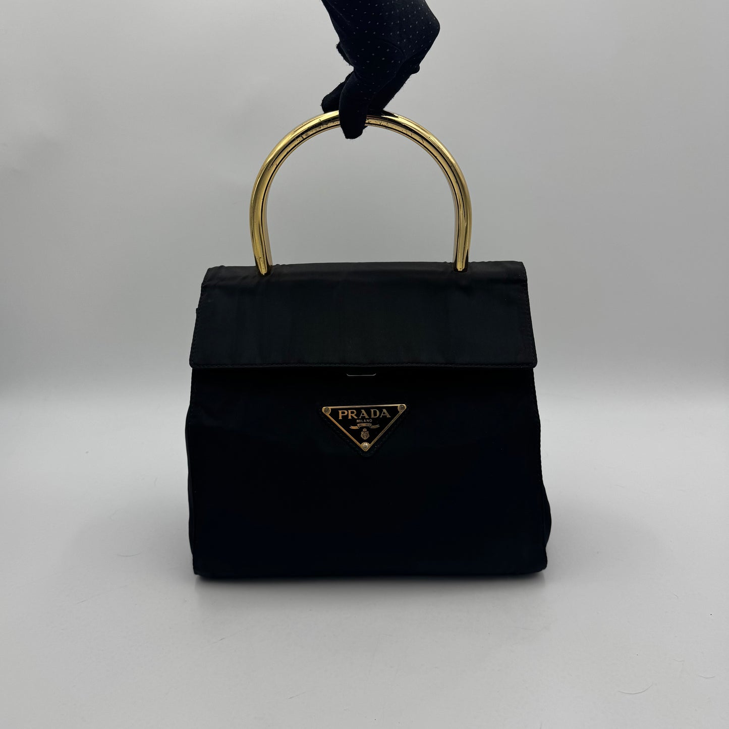 Prada Black Nylon Flap Gold Handle Handbag