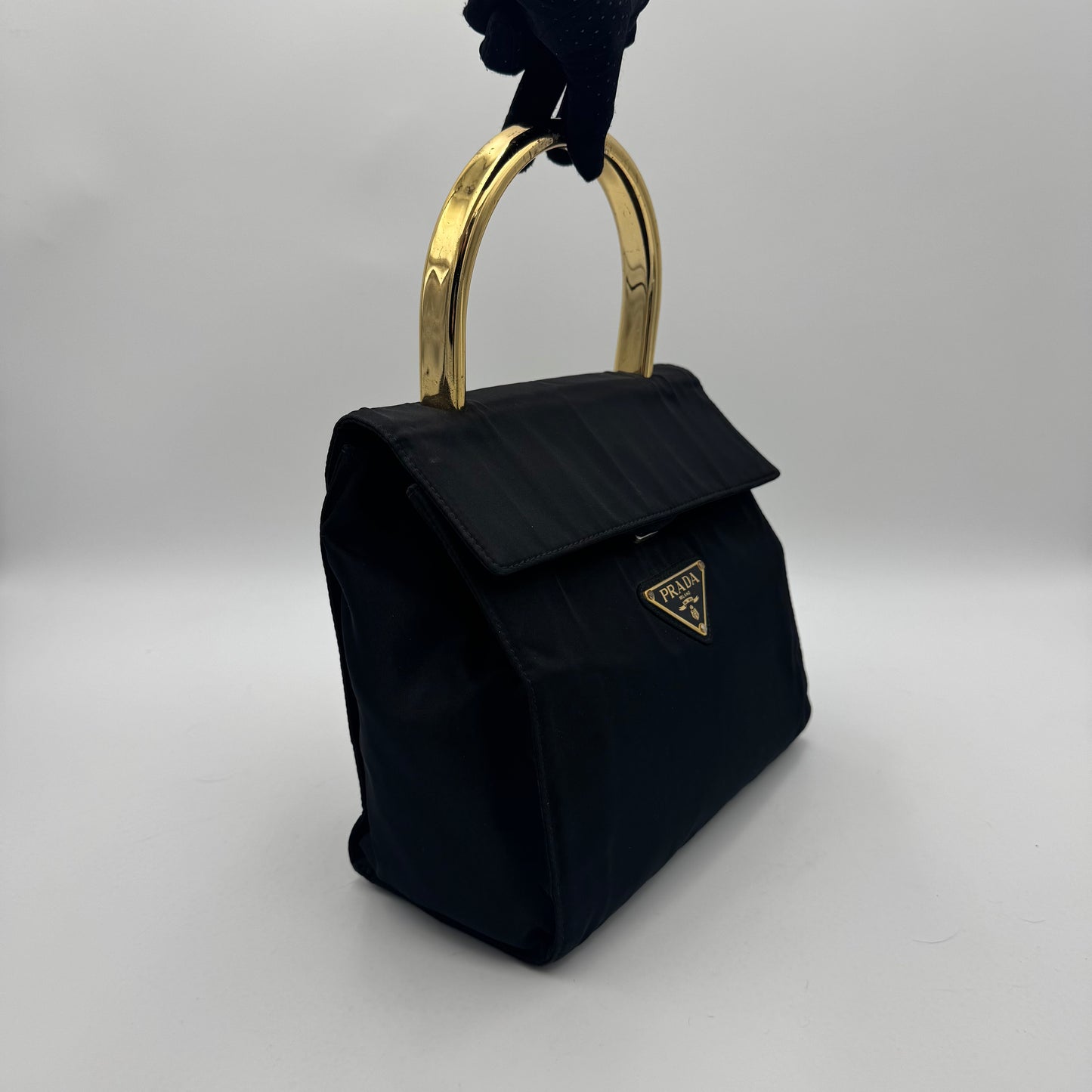 Prada Black Nylon Flap Gold Handle Handbag