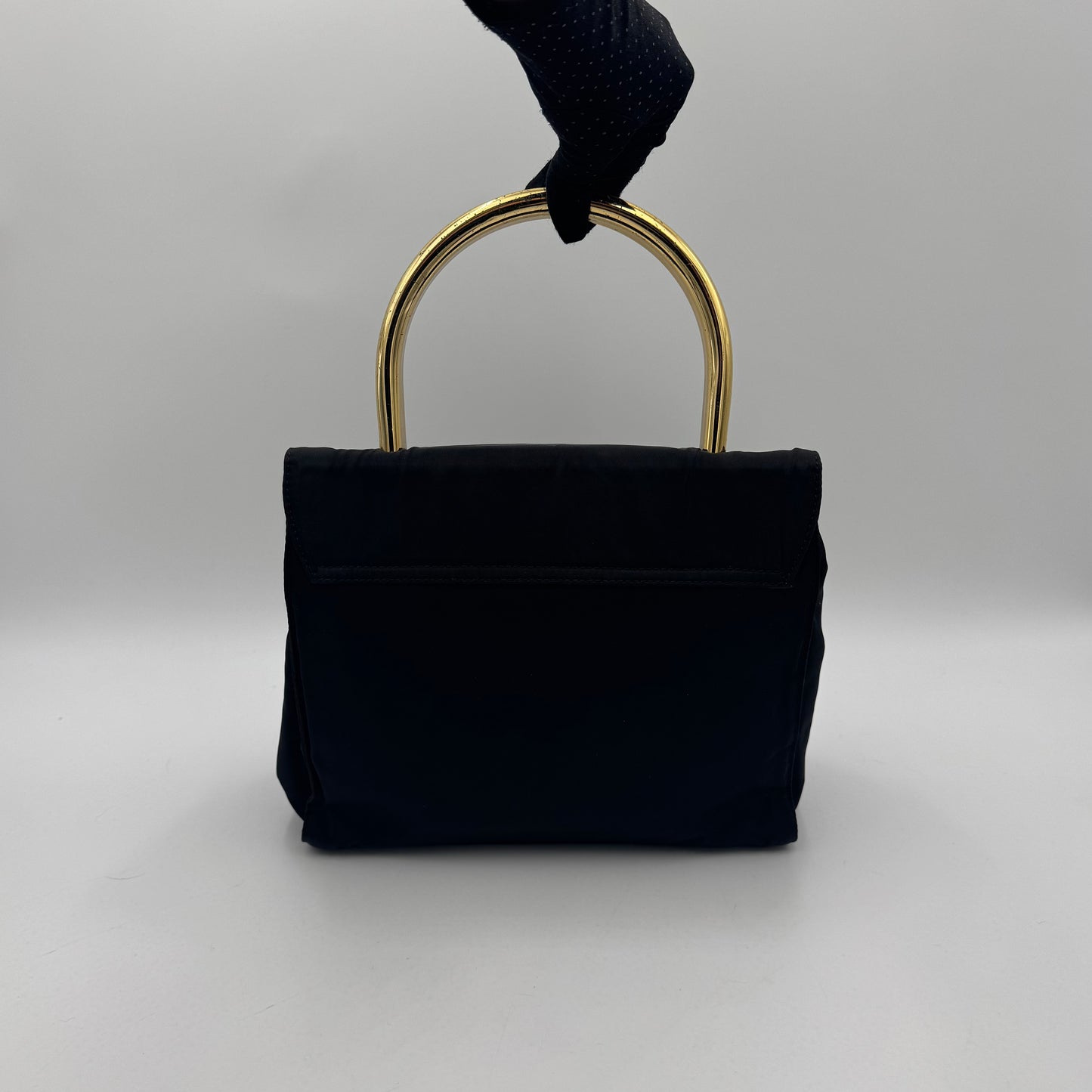 Prada Black Nylon Flap Gold Handle Handbag