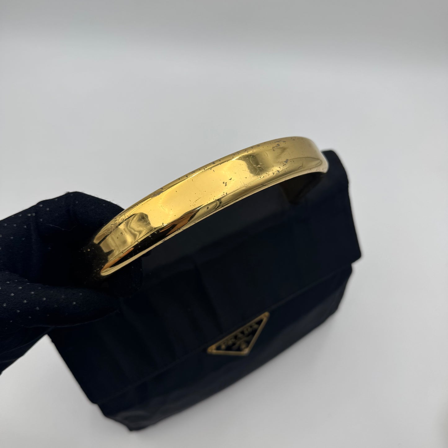 Prada Black Nylon Flap Gold Handle Handbag